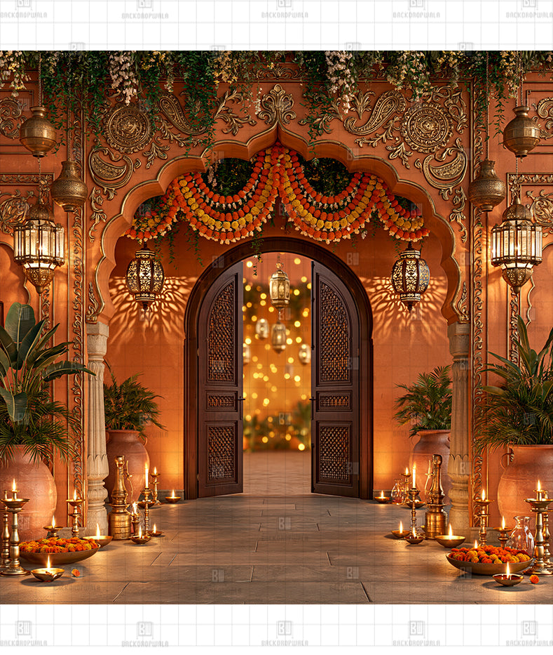 Traditional Jharokha Doorway with Auspicious Lights Printed Diwali Decoration Backdrop