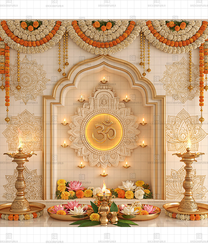 Radiant Om Puja Sanctum Printed Diwali Decoration Backdrop