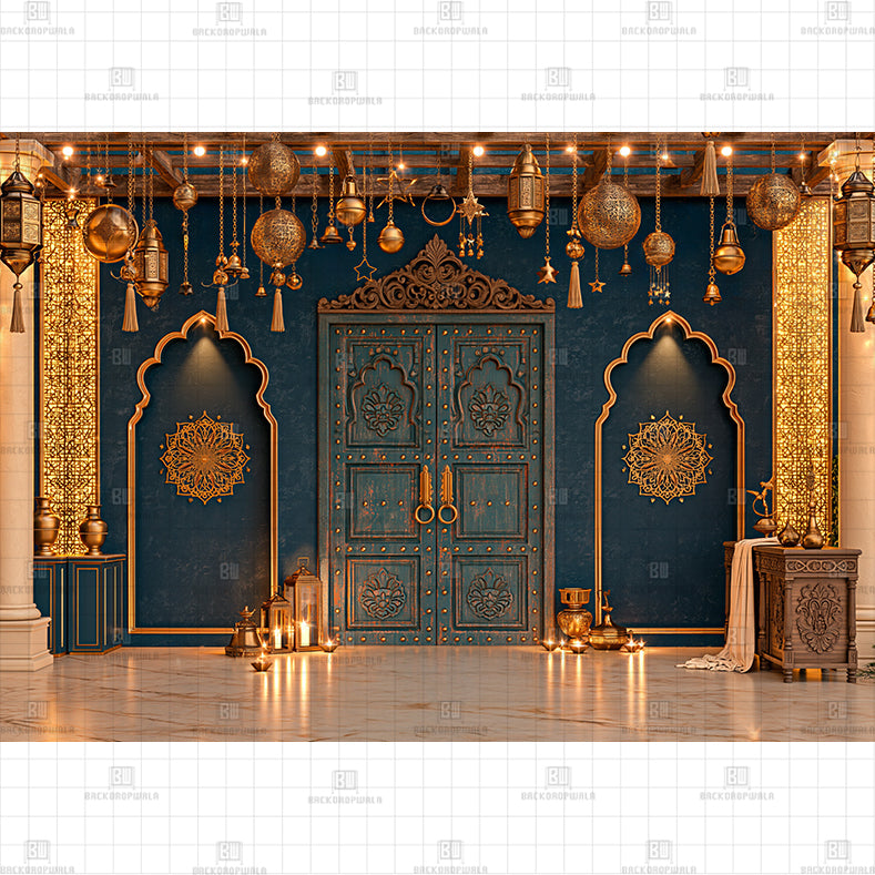 Antique Teal Haveli Door with Hanging Brass Lanterns Printed Diwali Baby Backdrop