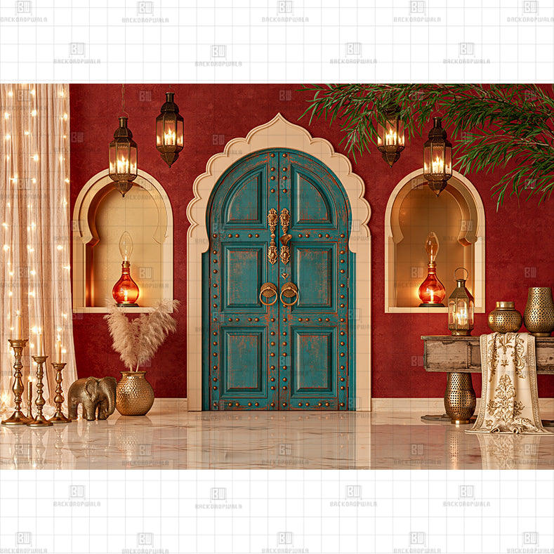 Blue Moroccan Doorway Printed Diwali Baby Backdrop