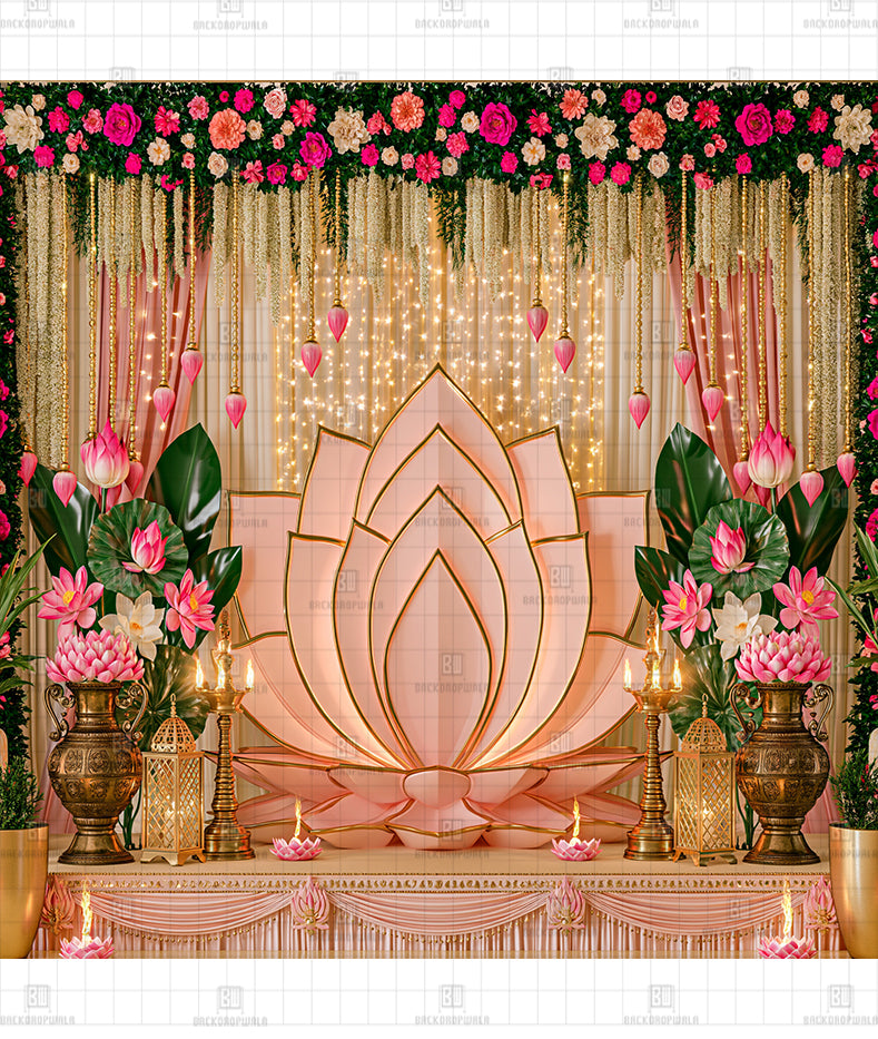 Enchanted Blossom Lotus Throne Printed Diwali Decoration Backdrop