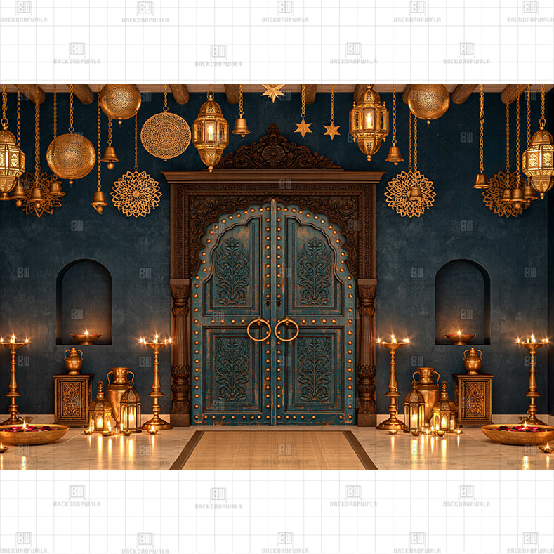 Antique Teal Haveli Door Printed Diwali Baby Backdrop