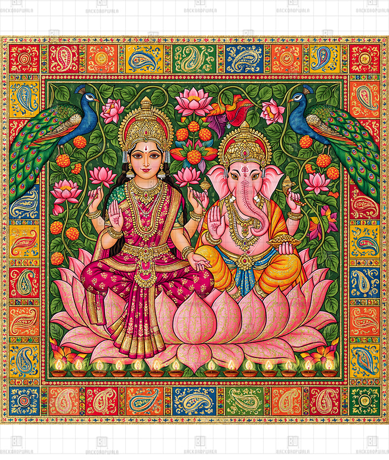 Divine Lakshmi Ganesh on Lotus Printed Diwali Decoration Backdrop