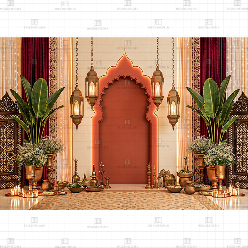 Golden Lantern Alcove Printed Diwali Baby Backdrop