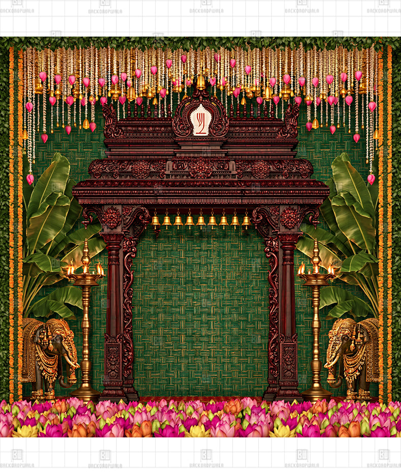 Traditional Teakwood Temple Arch Printed Diwali Decoration Backdrop