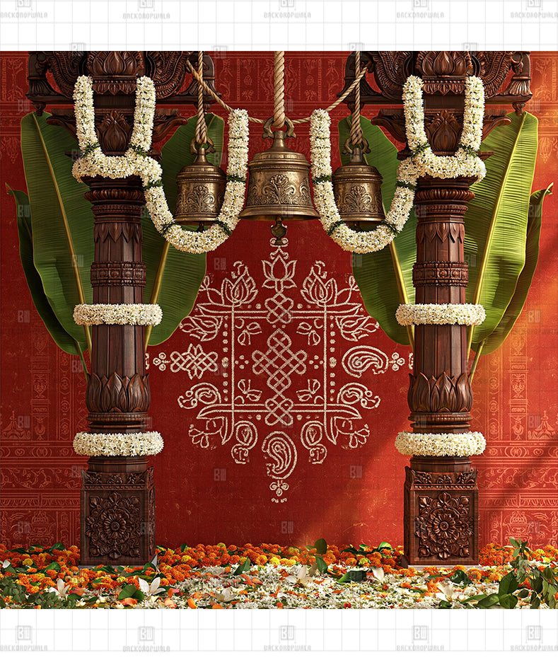 Mangala Kolam Pillars Printed Diwali Decoration Backdrop