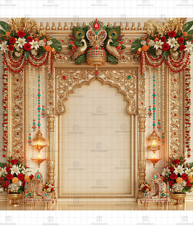 Swarna Peacock Kalash Gateway Printed Diwali Decoration Backdrop