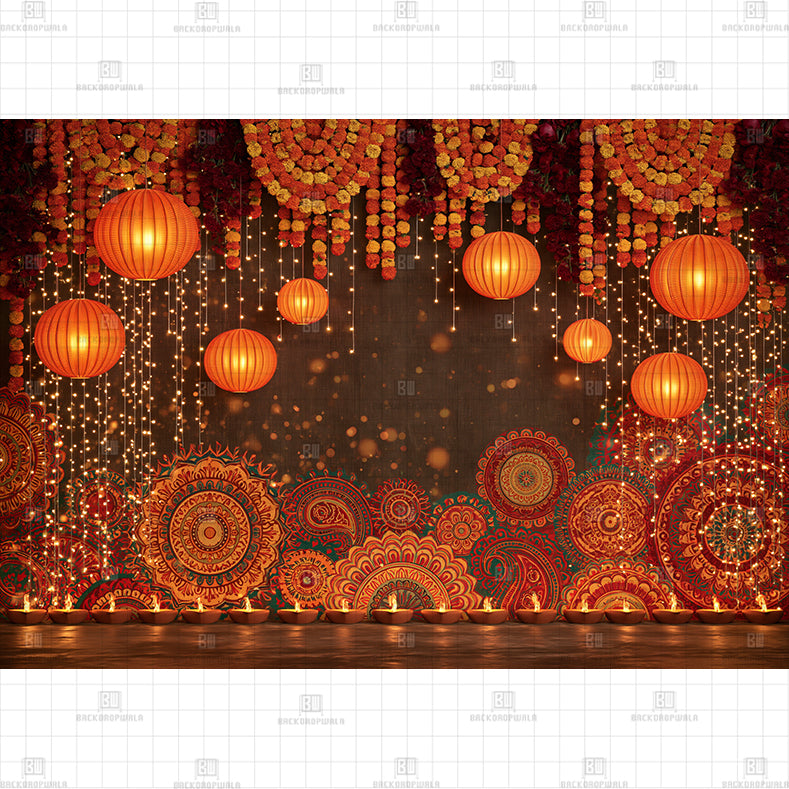 Orange Lantern Fairy Lights Printed Diwali Baby Backdrop