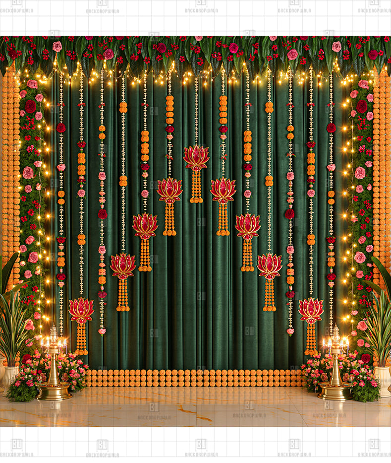 Diwali & Pooja Festival Lotus Motif Printed Diwali Decoration Backdrop