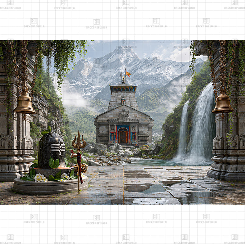 Mystic Kedarnath Temple with Shivling & Waterfall Prited Baby Backdrop