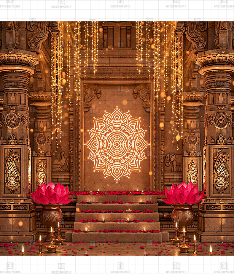 Ancient Stone Temple Mandap Printed Diwali Decoration Backdrop