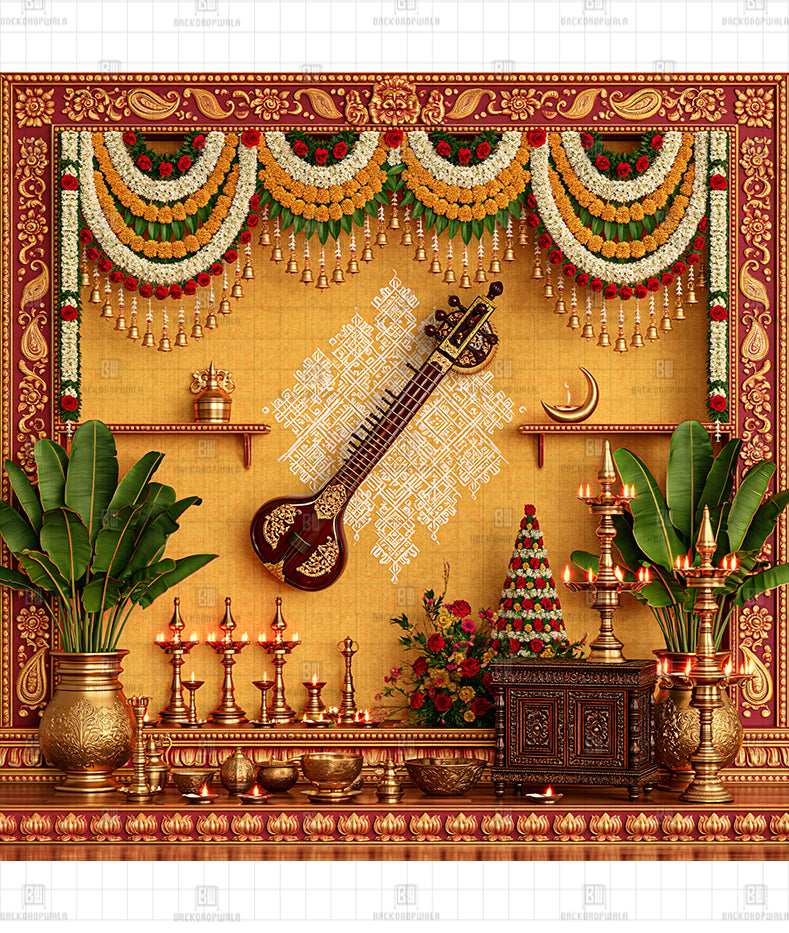 Classical Melody Veena Printed Diwali Decoration Backdrop