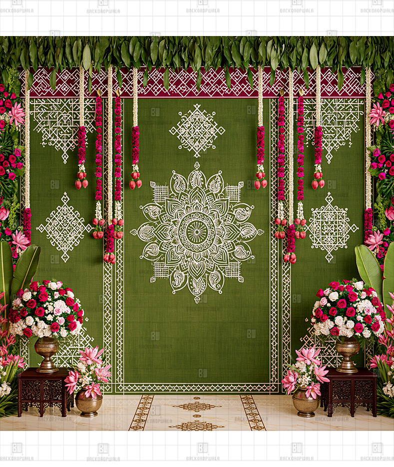 Sage Blossom Pooja Sanctum Printed Diwali Decoration Backdrop