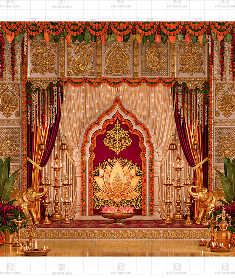 Golden Paisley Floral Archway Printed Diwali Decoration Backdrop