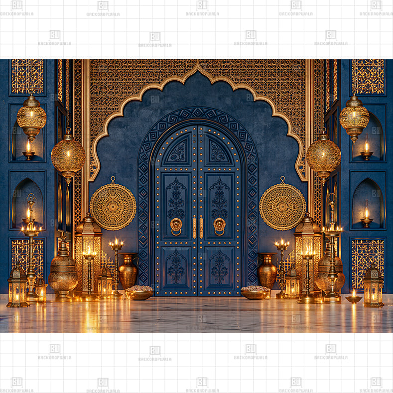Midnight Blue Haveli Printed Diwali Baby Backdrop