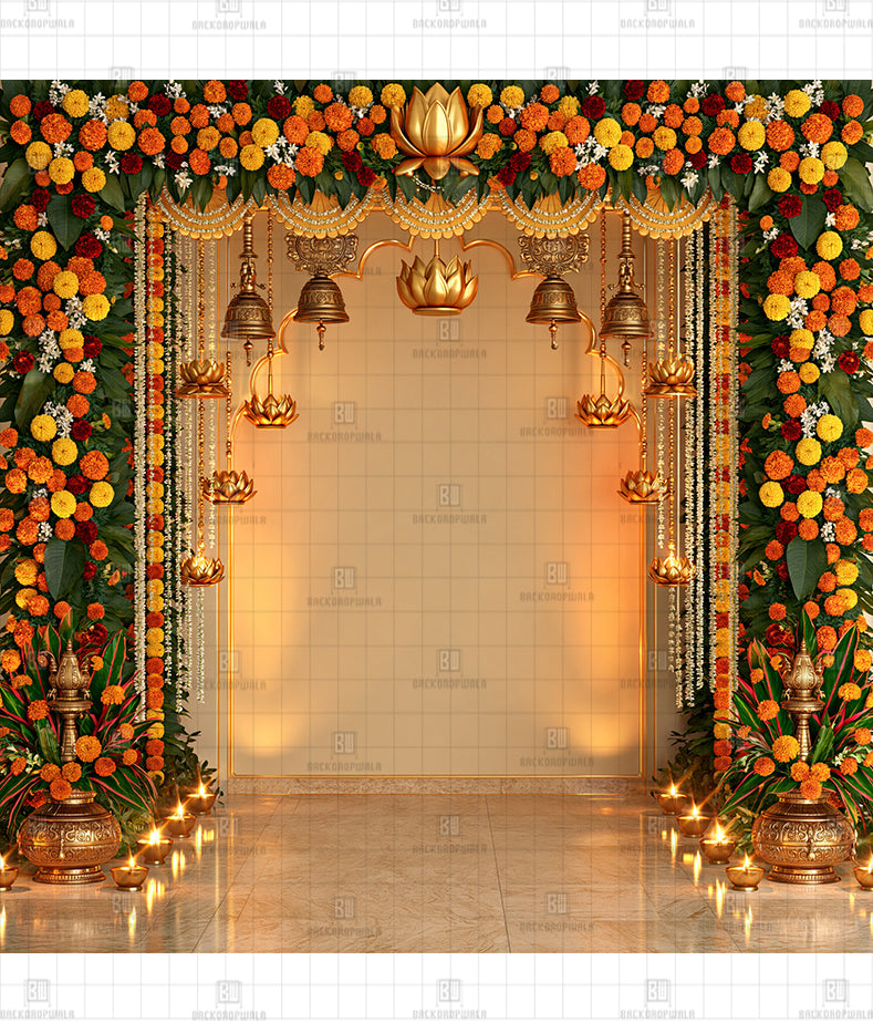Temple Bell Floral Frame Printed Diwali Decoration Backdrop