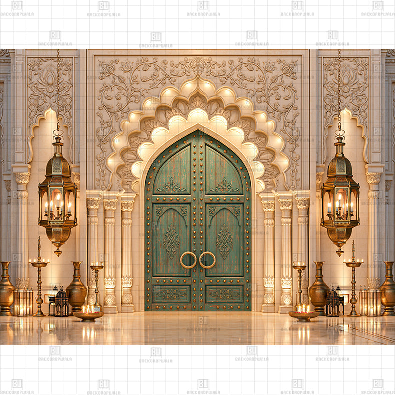 Antique Teal Studded Door Printed Diwali Baby Backdrop