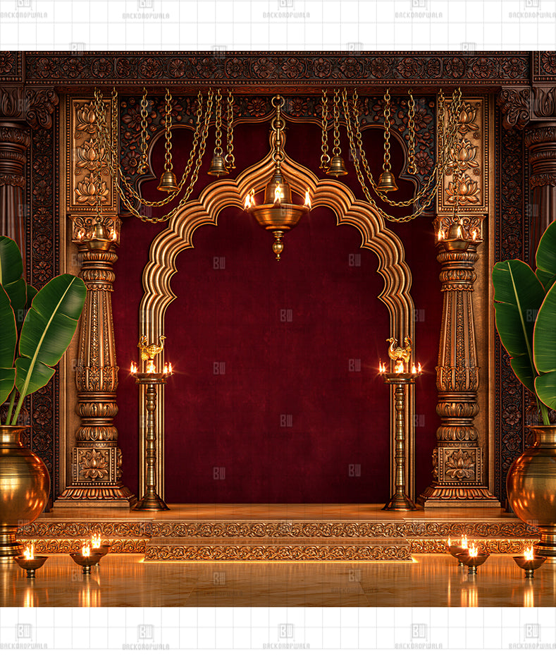 Divine Temple Bell Niche Printed Diwali Decoration Backdrop