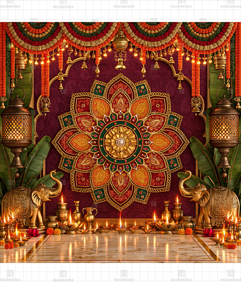 Traditional Diya & Lantern Arch Printed Diwali Decoration Backdrop