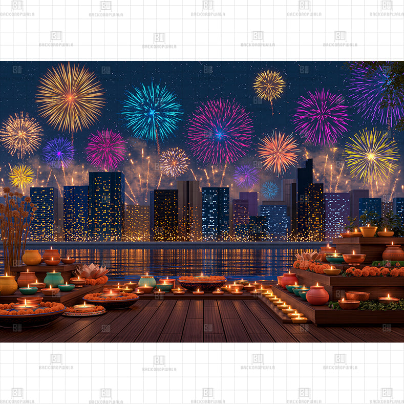 Contemporary Cityfront Fireworks Printed Diwali Baby Backdrop