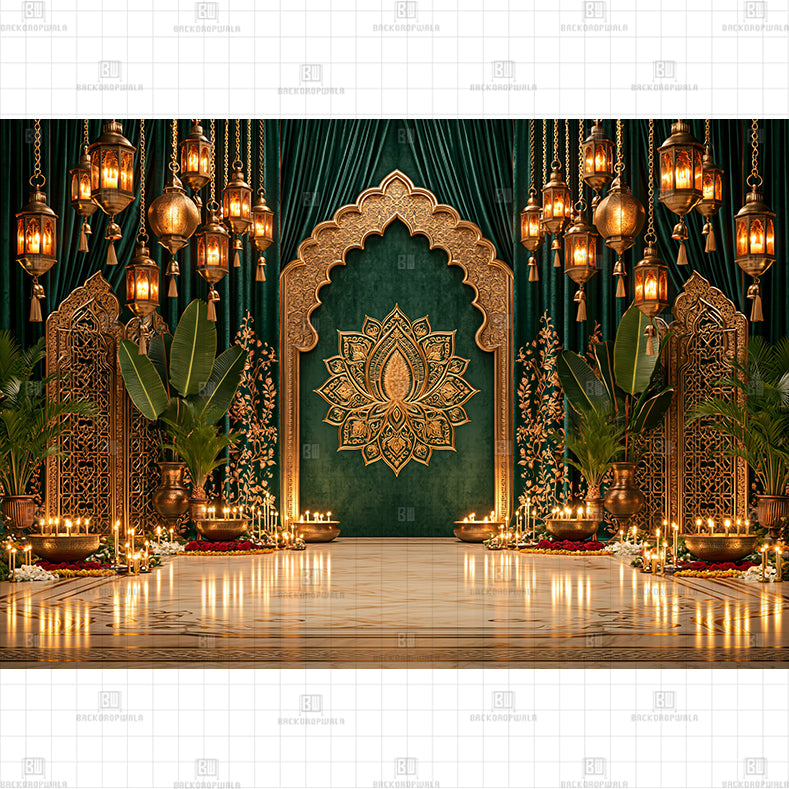 Enchanted Forest Green Printed Diwali Baby Backdrop