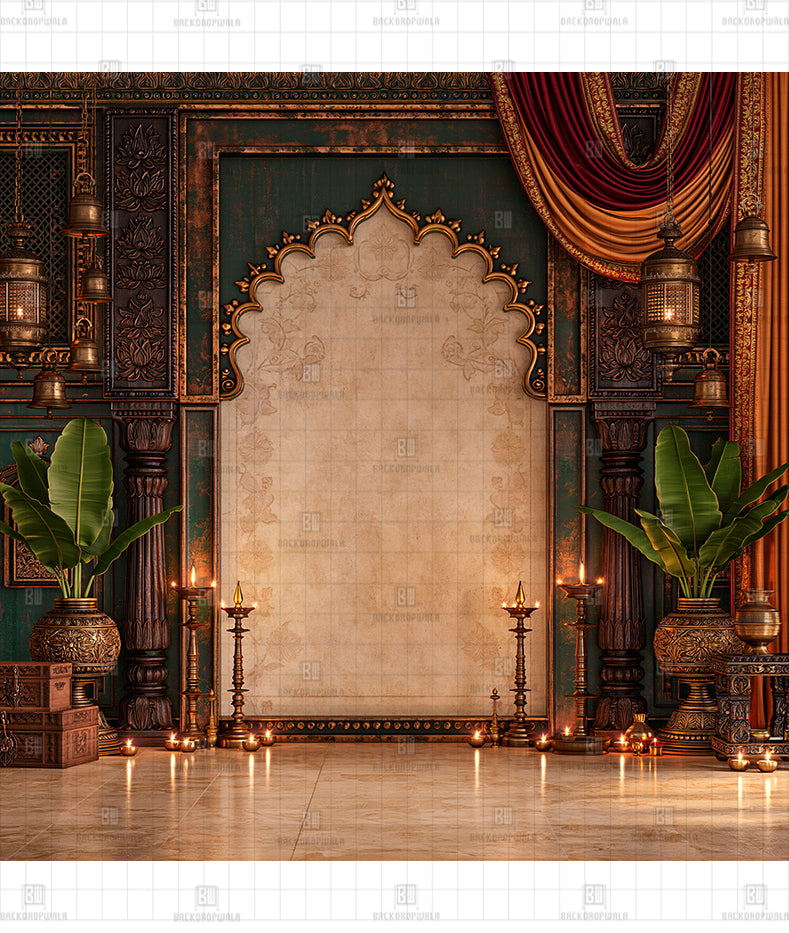 Heritage Teal & Bronze Sanctum Printed Diwali Decoration Backdrop