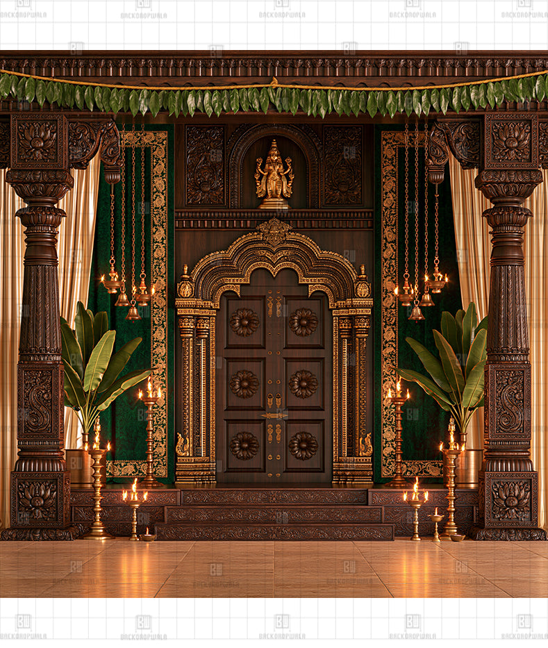 Sacred Teakwood Temple Printed Diwali Decoration Backdrop