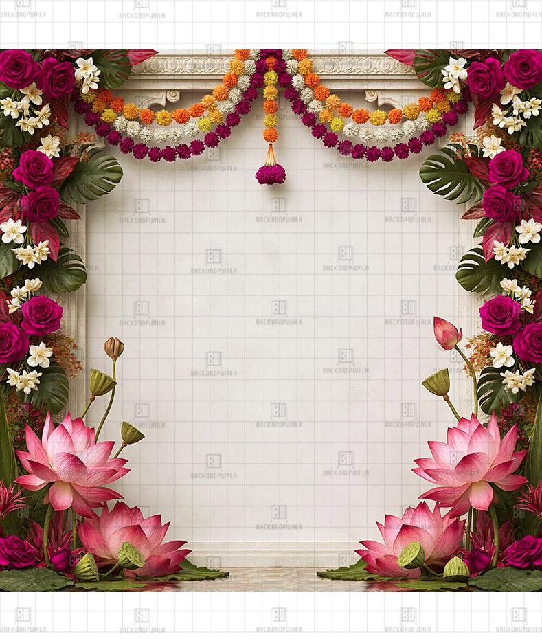 Fresh Lotus Bloom Pavilion Printed Diwali Decoration Backdrop