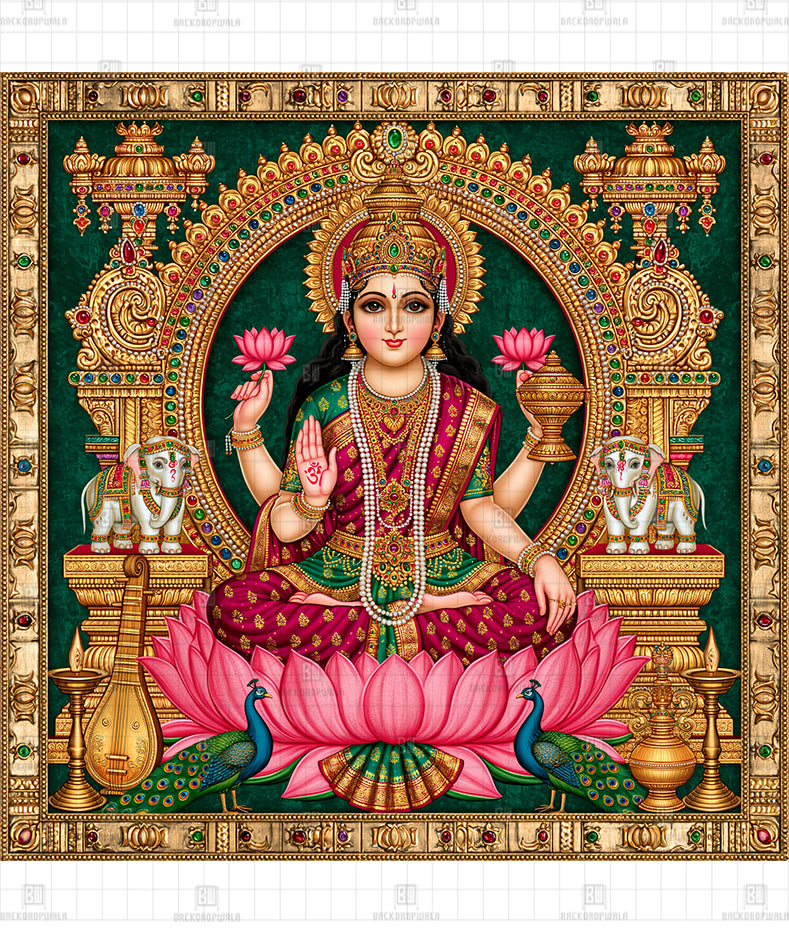 Divine Tanjore Goddess Lakshmi Printed Diwali Decoration Backdrop
