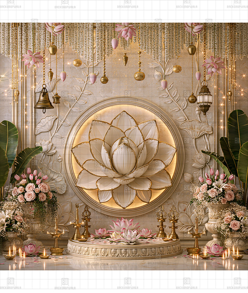 Glowing Ivory Kamal Printed Diwali Decoration Backdrop
