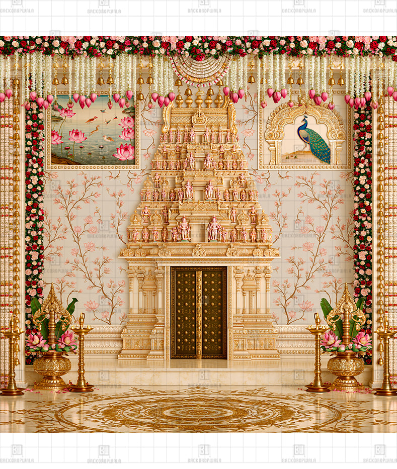 Heritage Gold Temple Mandapam Printed Diwali Decoration Backdrop