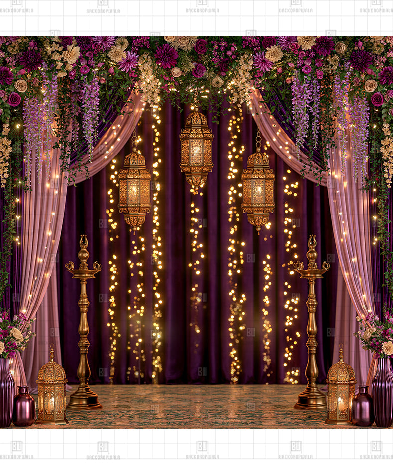 Royal Purple Floral Lantern Printed Diwali Decoration Backdrop