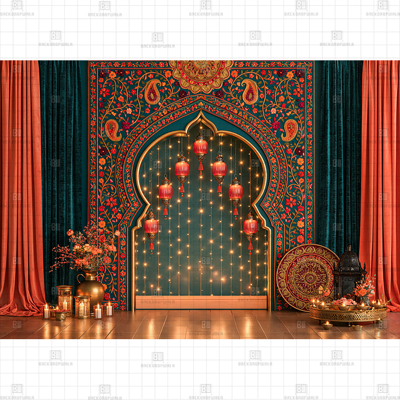 Teal Paisley Arch Printed Diwali Baby Backdrop