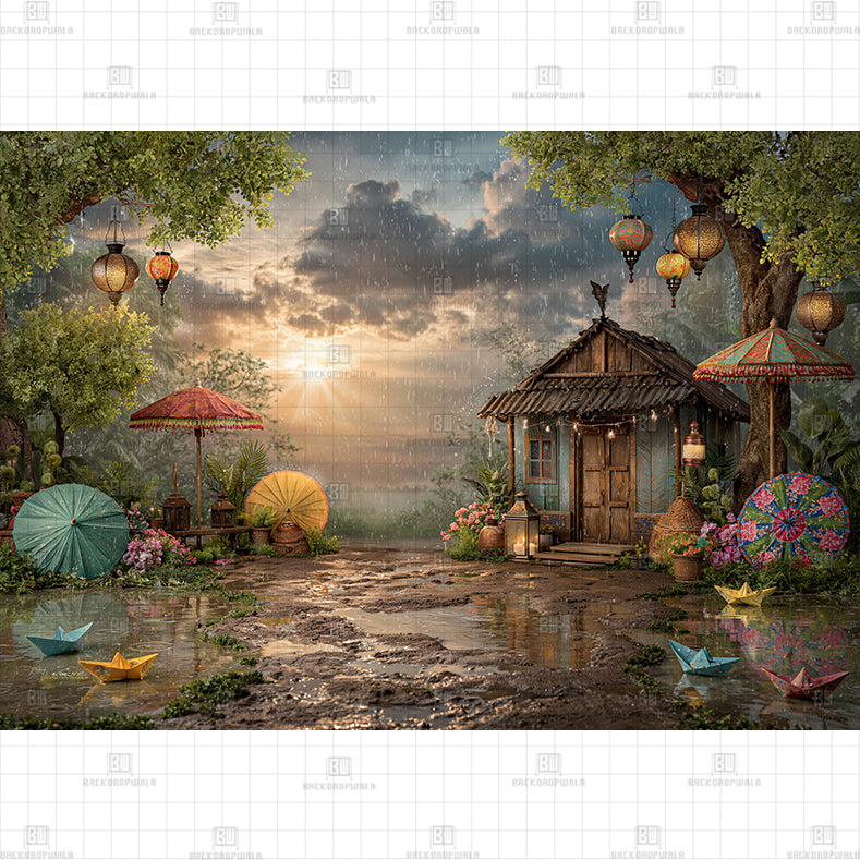 Tropical Rainy Day Village Hut Printed Baby Backdrop