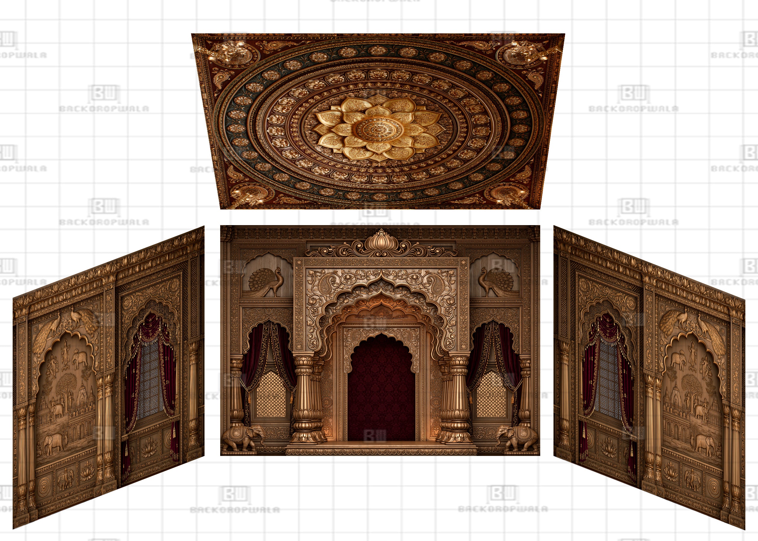 Teakwood Rajwada Stage Theme Ganesh Pandal Backdrop