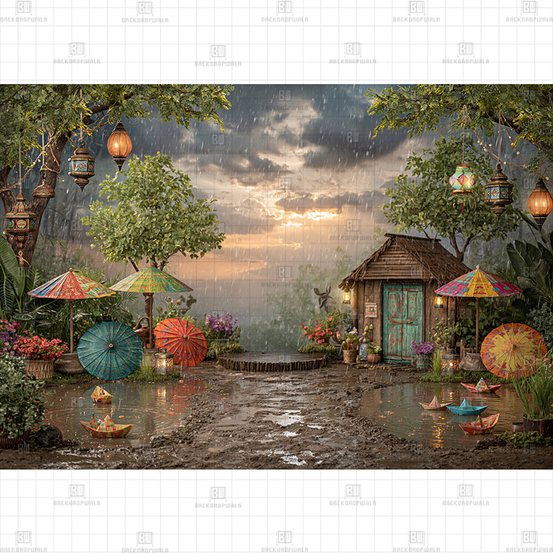 Enchanted Sunlit Rain Shower over Jungle Cottage Printed Baby Backdrop