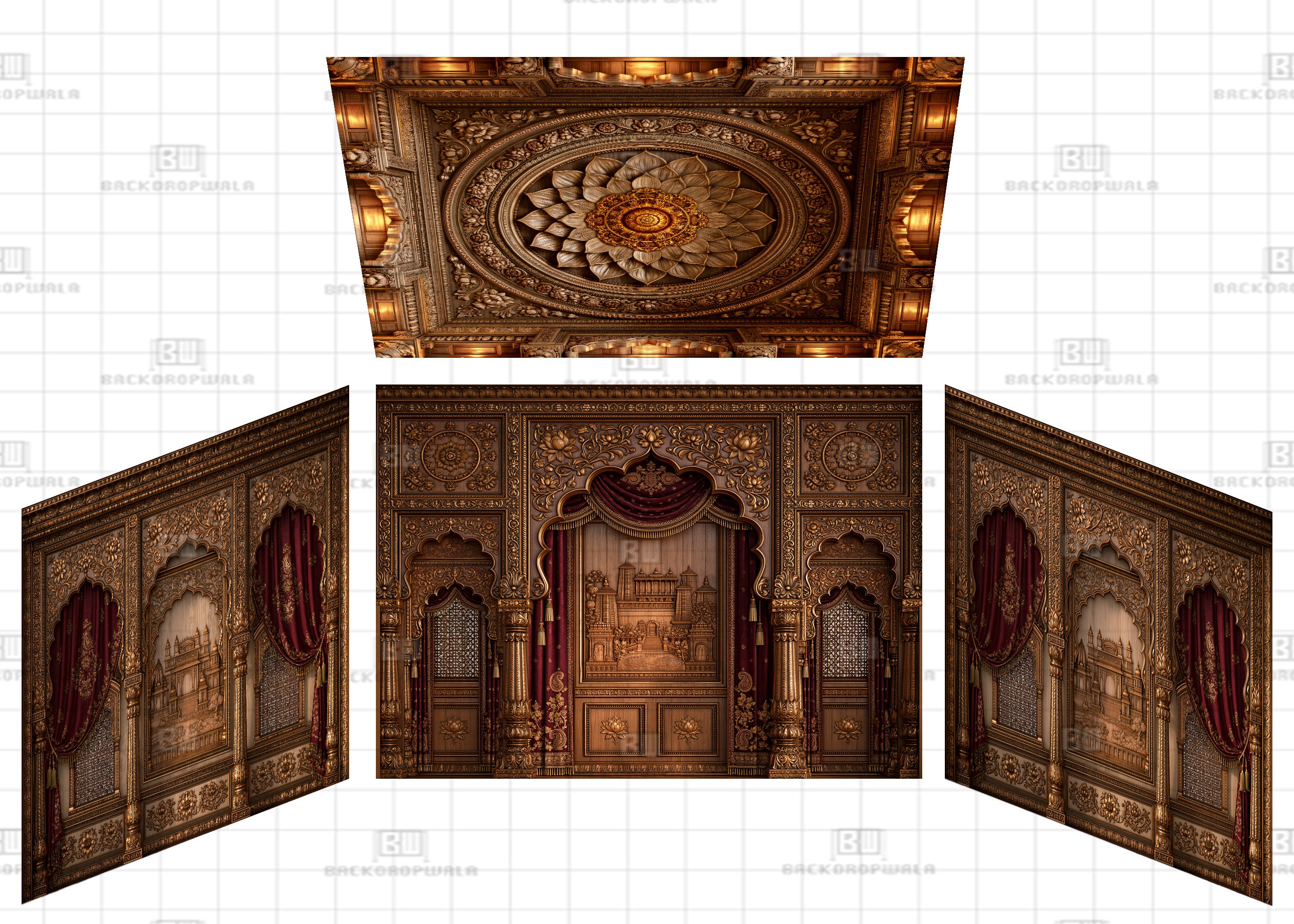 Shahi Wooden Archway & Palace Mural Stage Theme Ganesh Pandal Backdrop