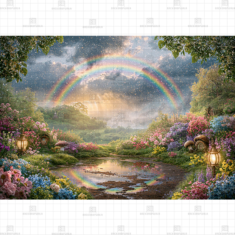 Glittering Rainbow Rain over Mystical Hobbit Village Printed Baby Backdrop