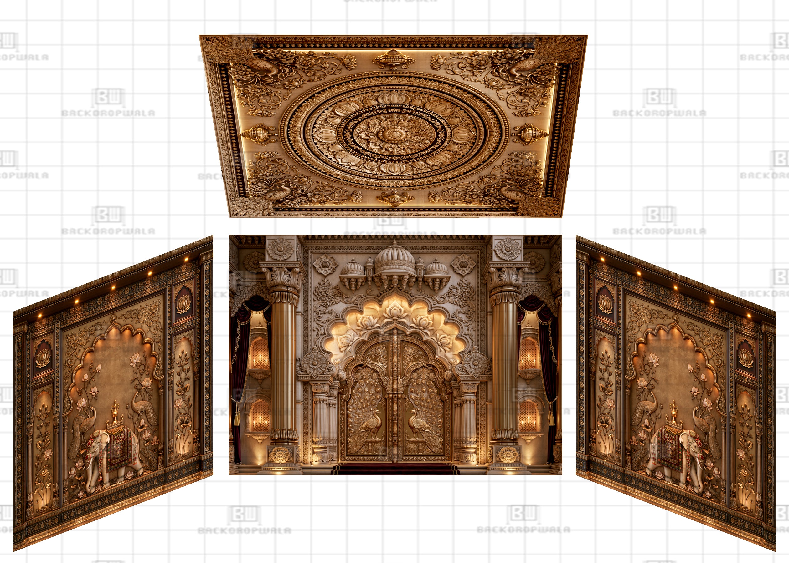 Ornate Gold Columns with Elephant Relief Walls Theme Ganesh Pandal Backdrop