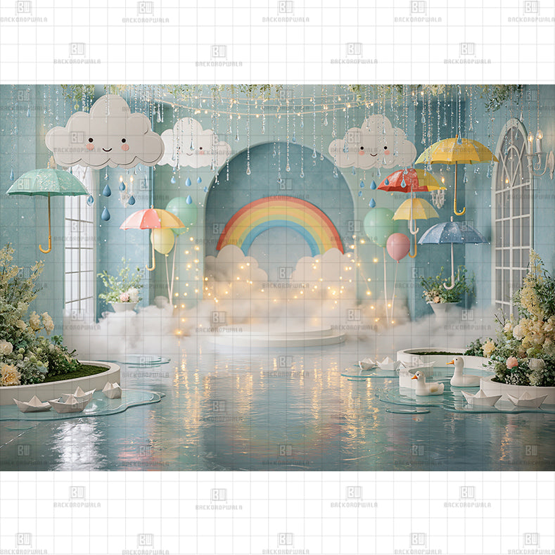 Pastel Floating Umbrellas and Crystal Raindrops Printed Baby Backdrop