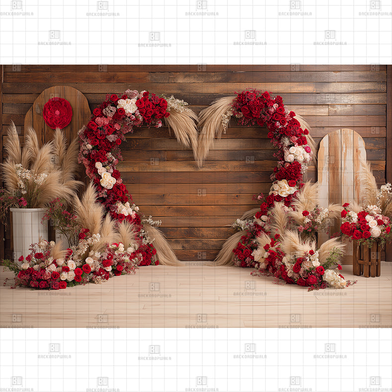 Boho Red Rose Heart Arch Printed Backdrop