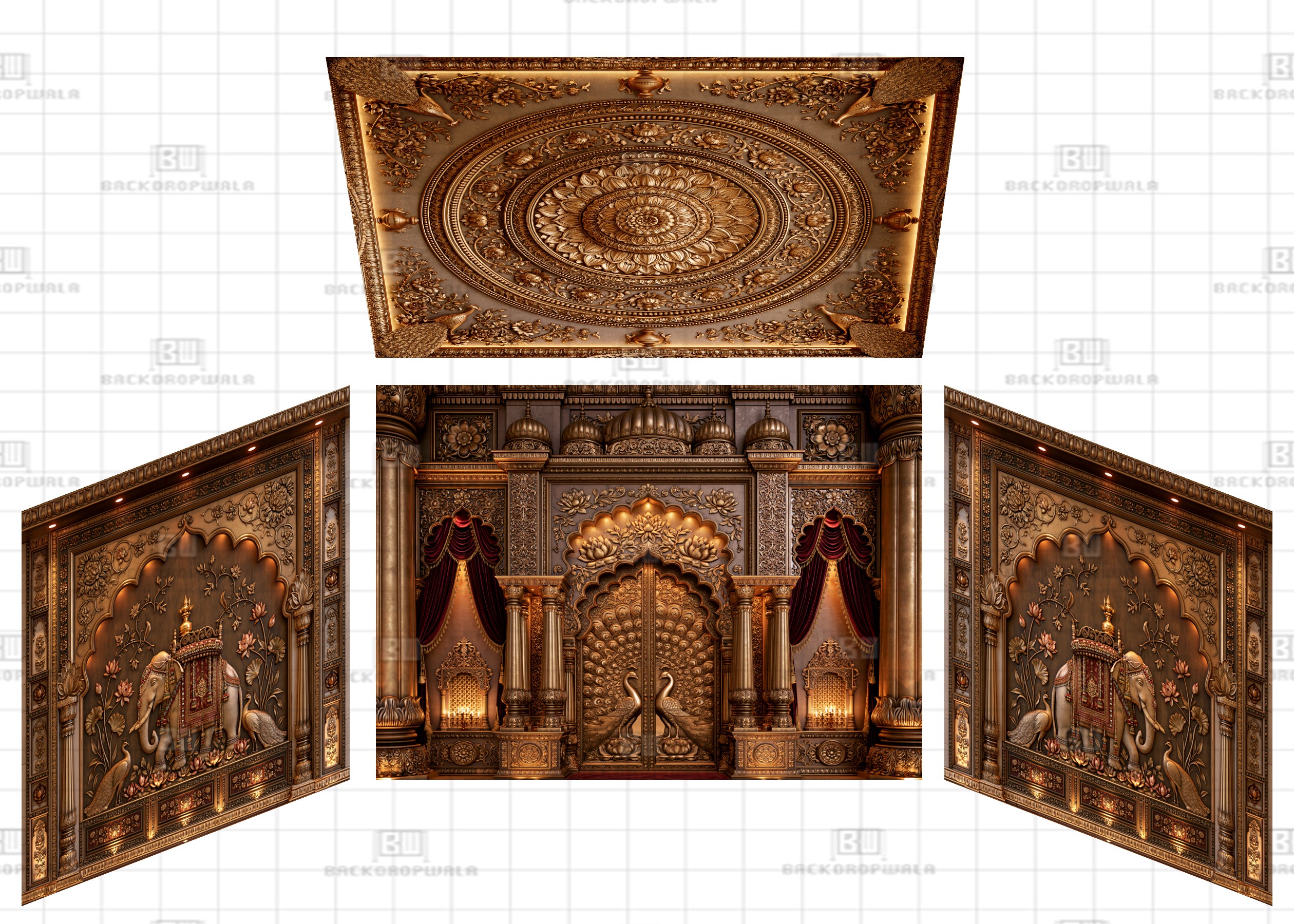 Royal Antique Gold Peacock & Elephant Darbar Theme Ganesh Pandal Backdrop