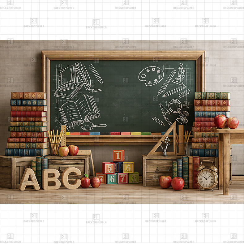 Retro Back to School Wooden Desk Printed Baby Backdrop