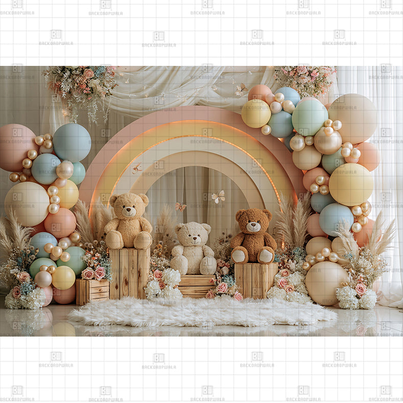 Teddy Bow Arch Birthday Printed Baby Backdrop