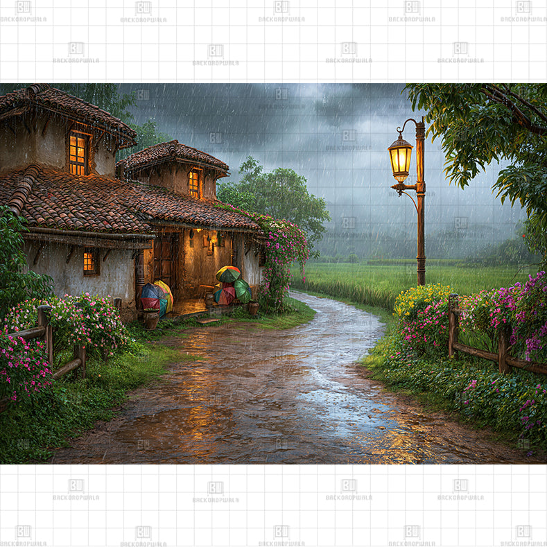 Monsoon Traditional Clay Houses Printed Baby Backdrop