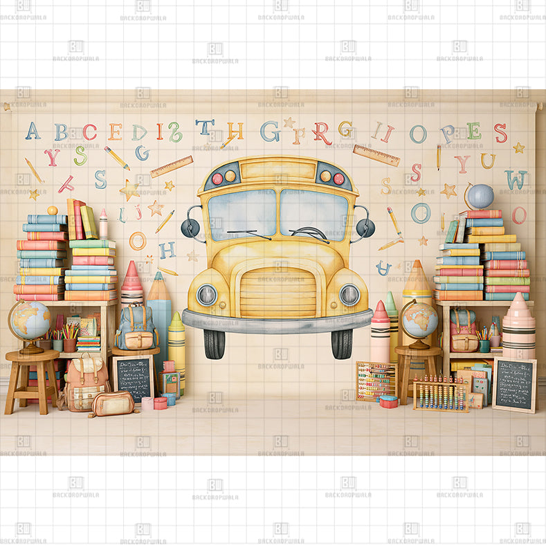 Watercolor Yellow School Bus Back to School Printed Baby Backdrop