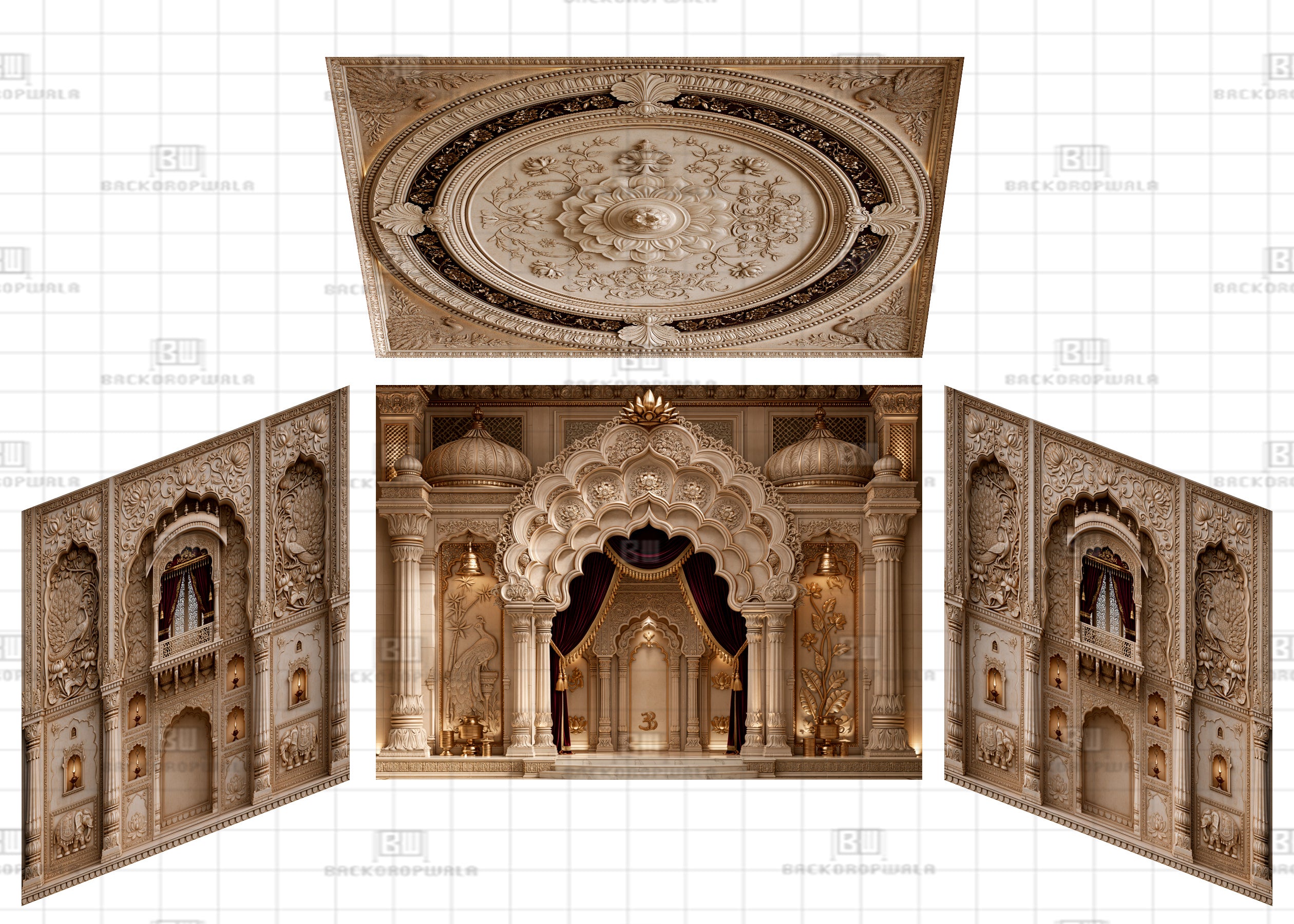 Peacock Wall Carvings with Illuminated Diya Niches Theme Ganesh Pandal Backdrop