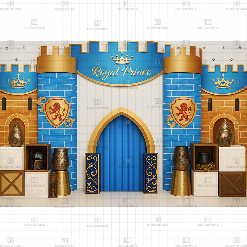 Blue and Gold Royal Castle Printed Baby Backdrop