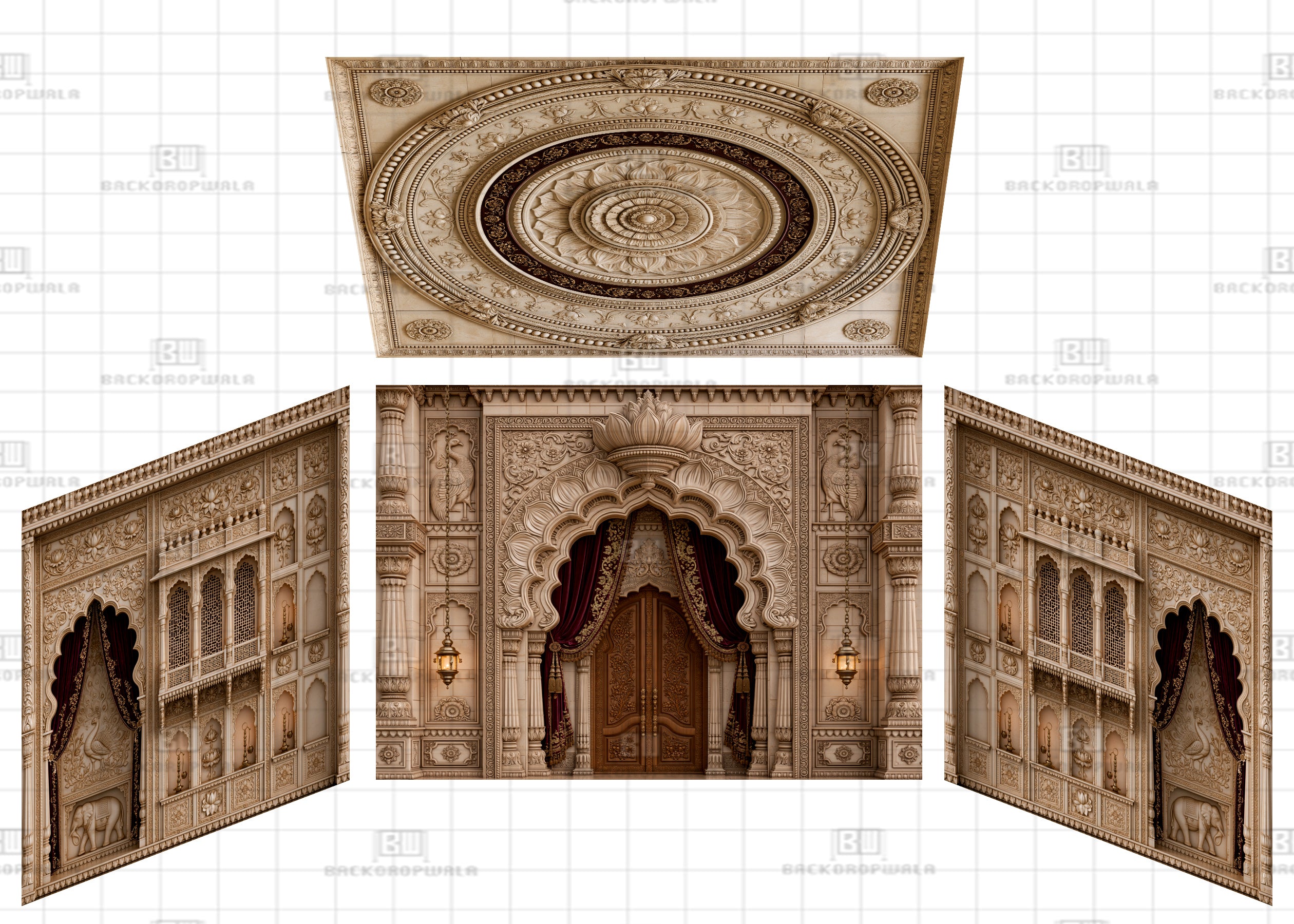 Sandstone Wooden Dwar Theme Ganesh Pandal Backdrop