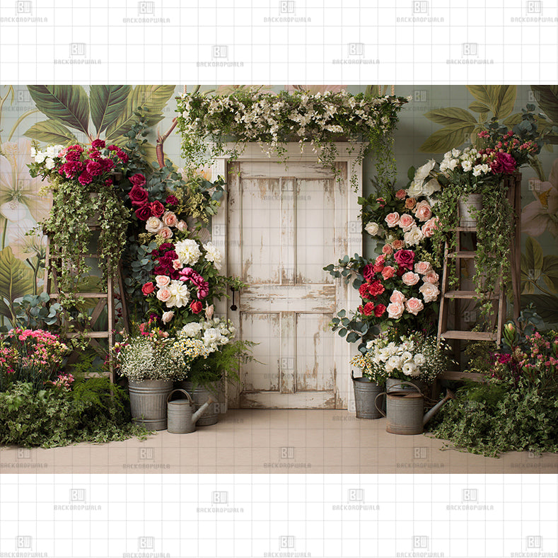 Blue Floral Doorway Printed Baby Backdrop
